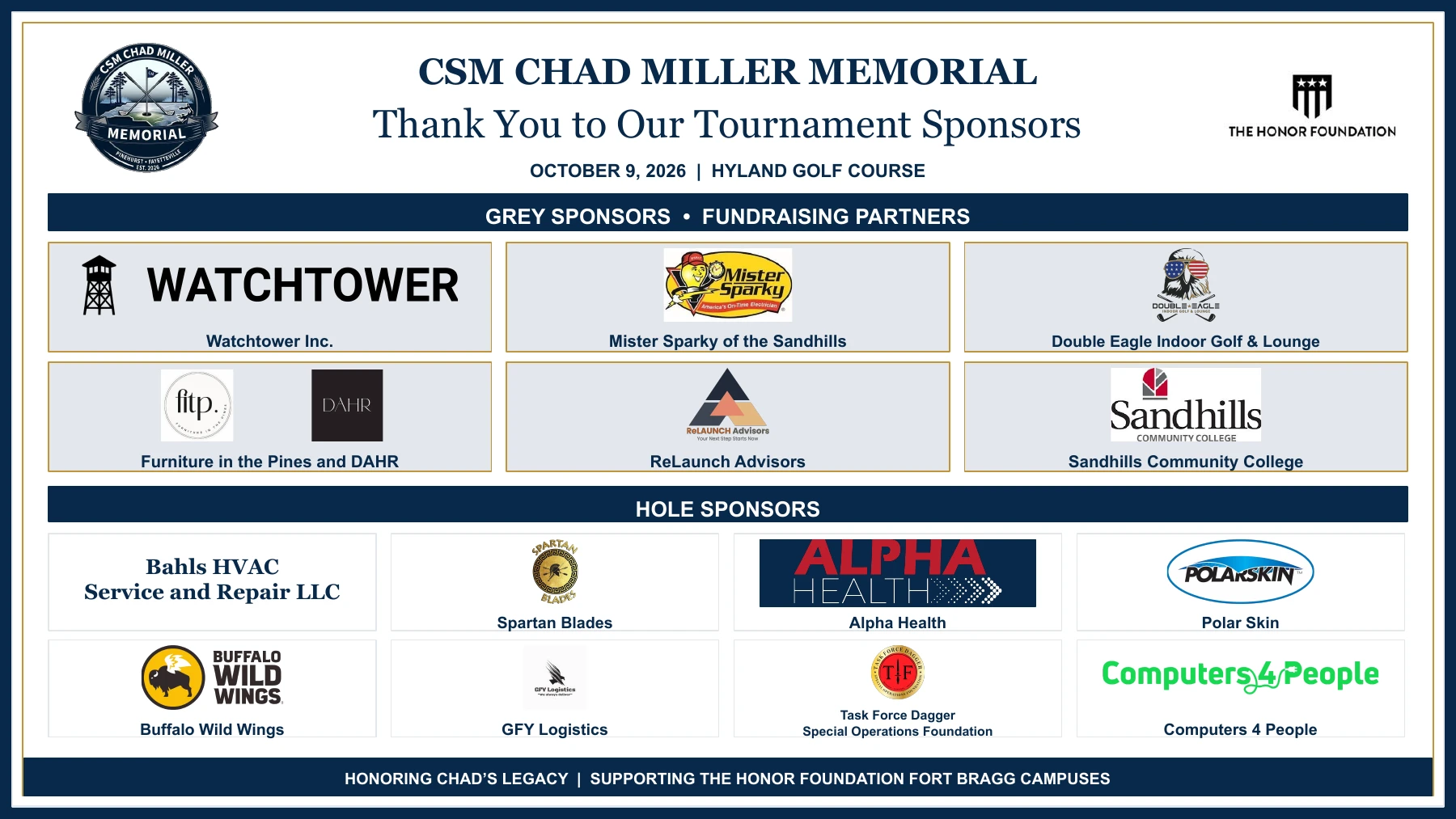 2026 tournament sponsor recognition banner, honoring our Grey Sponsors and fundraising partners and Hole Sponsors